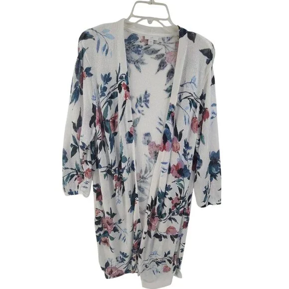 J. Jill Floral Linen Open Duster Cardigan Size Large White Spring Watercolor - Picture 2 of 10